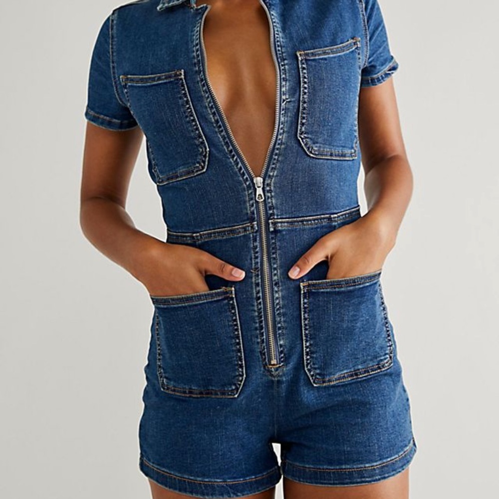 Free People Crvy Lennox Shortsuit Romper denim zip up 0